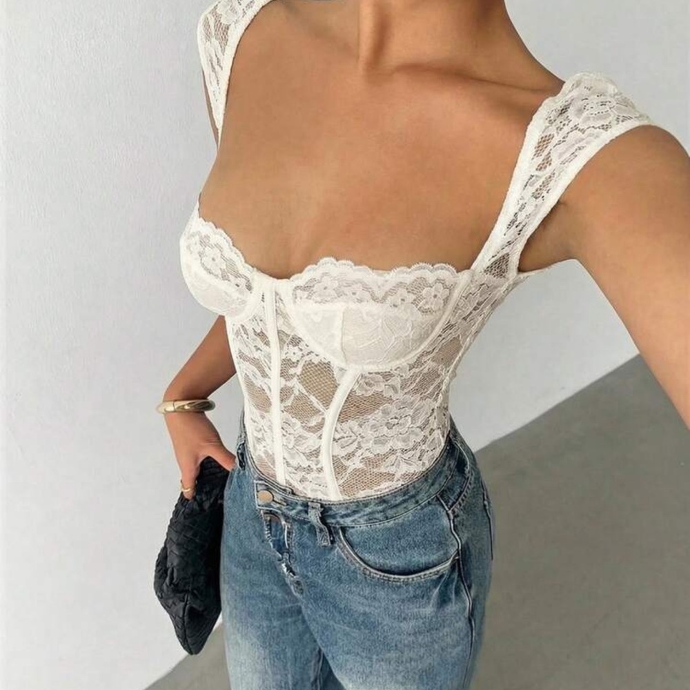 Aloruh Women's Sexy Lace Sweetheart Neck Sheer Bodysuit, Summer - Picture 3 of 4